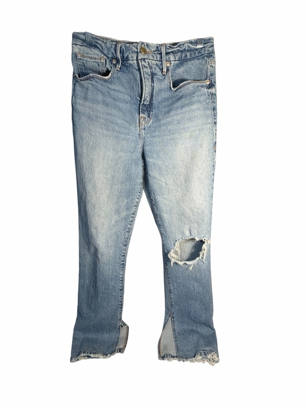 Good American Light Wash Distressed Straight Split Hem Jeans Sz 29